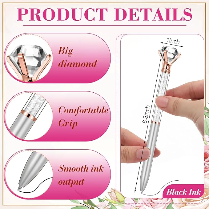 Sherr 100 Pack Big Crystal Diamond Pens Cute Ballpoint Pens Retractable Ballpoint Rhinestones Crystal Bling Gem Plated Black Gel Ink Office Supplies Gifts for Women(Silver,Wedding Style)