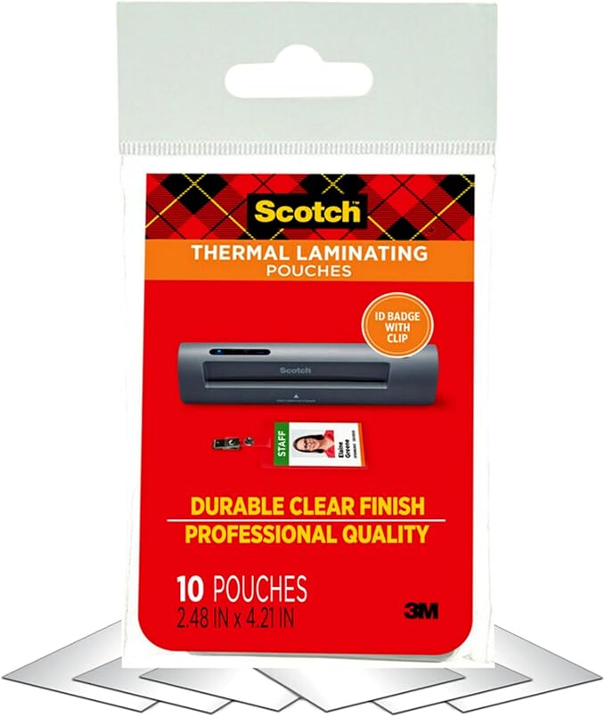 Scotch Thermal Laminating Pouches Premium Quality, 5 Mil Thick for Extra Protection, 10 Pack ID Badge with Clip Laminating Sheets, Our Most Durable Lamination Pouch, 2.4 x 4.2 inches (TP5852-10)