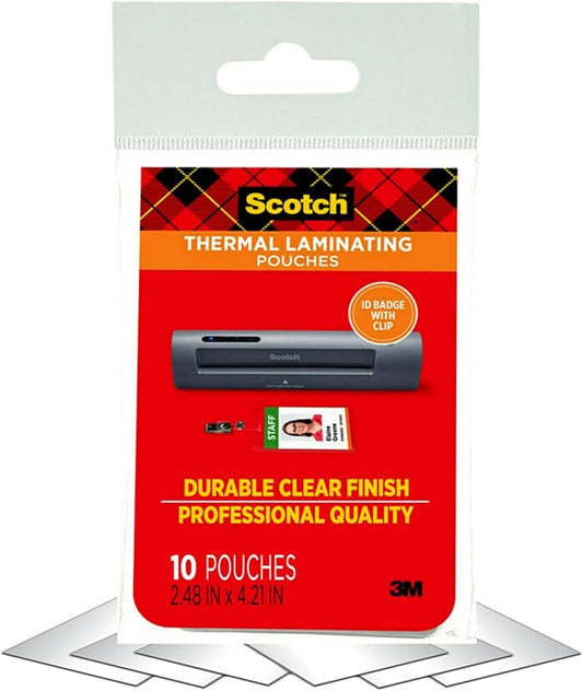 Scotch Thermal Laminating Pouches Premium Quality, 5 Mil Thick for Extra Protection, 10 Pack ID Badge with Clip Laminating Sheets, Our Most Durable Lamination Pouch, 2.4 x 4.2 inches (TP5852-10)