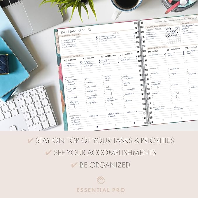 Essential PRO 2025 Daily, Weekly & Monthly Planner, 8.5"x11": 14 Months (Nov 2024 - Dec 2025) Monthly Tabs,Daily Tracking,Notes Pages,Storage Pocket,Bookmark w Sticky Notes (Teal Floral)
