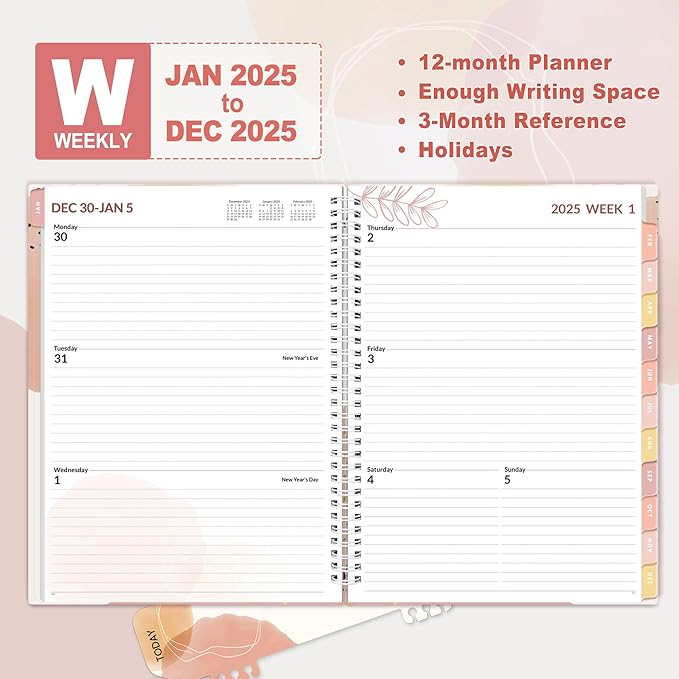 SUNEE 2025 Weekly and Monthly Planner - from January 2025 - December 2025, 8.5"x11" Daily Agenda Planner with Monthly Tab, Flexible Cover, Note Pages, Pockets, Bookmark, Spiral Binding, Pink Breeze