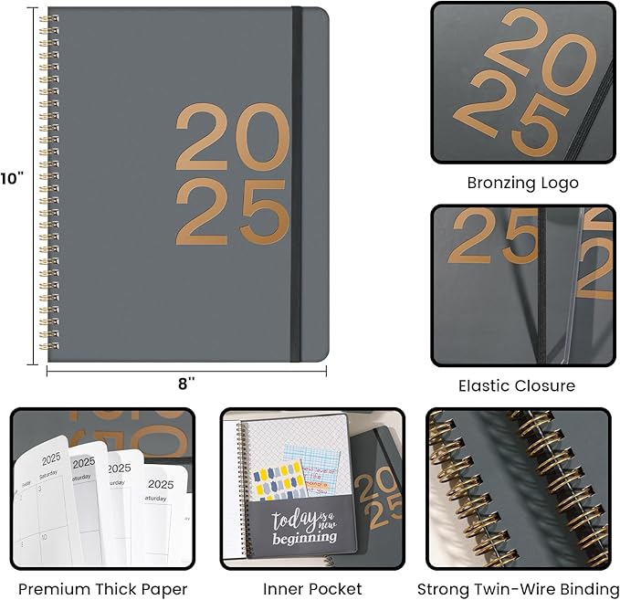 2025 Planner - 8" x 10" Hard Cover Planner 2025, Weekly Note Pages, JAN 2025 - DEC 2025, Calendar 2025 Planner, Large Writing Space, Elastic Band, Inner Pocket, Excellent for School & Office Schedule