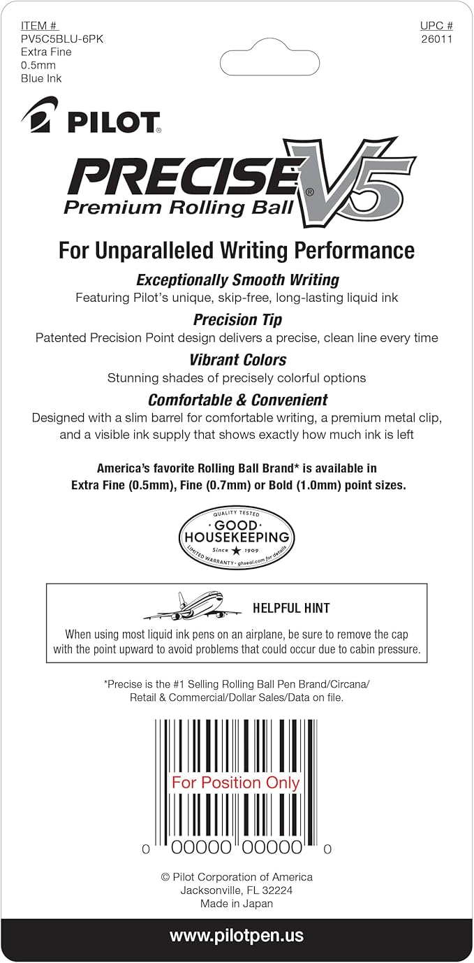 Pilot, Precise V5, Capped Liquid Ink Rolling Ball Pens, Extra Fine Point 0.5 mm, Blue, Pack of 5