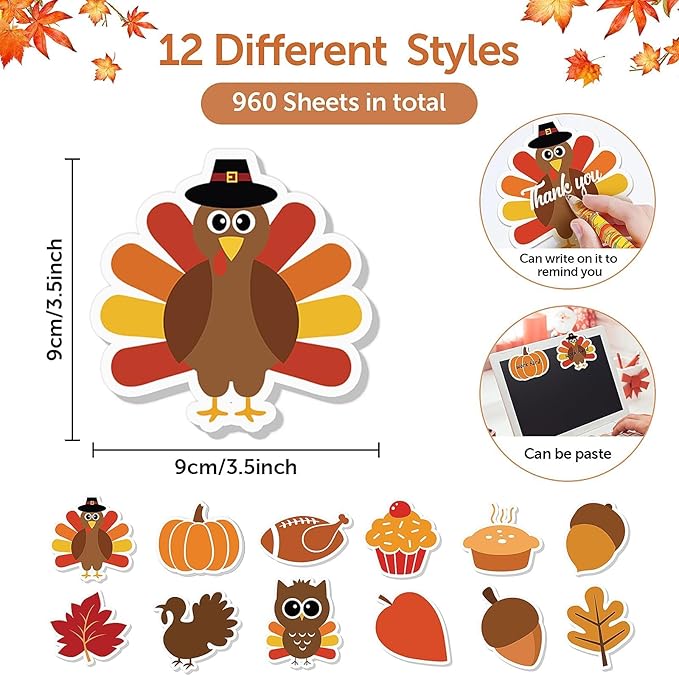 48 Pcs Fall Thanksgiving Day Sticky Notes Cute Thanksgiving Pumpkin Nut Leaf Turkey Cake Self Sticky Memo Pads for Thanksgiving Office School Classroom Student Kids Autumn Party Present