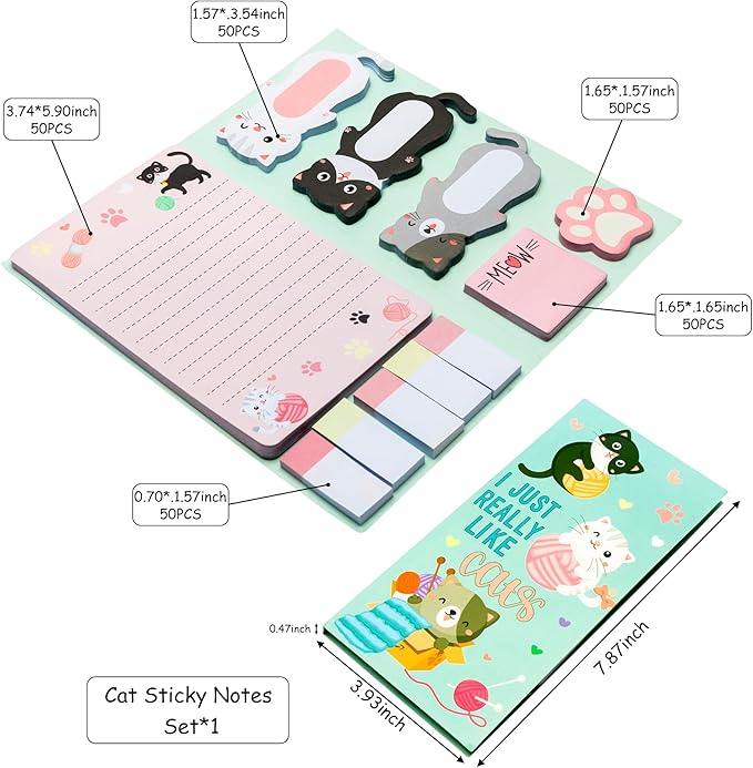 I Just Really Like Cat Sticky Notes Set, 550 Sheets, Cute Cat and Paw Shaped Self-Stick Notes Pads Animal Divider Tabs Bundle Writing Memo Pads Back to School Office Supplies Small Gift