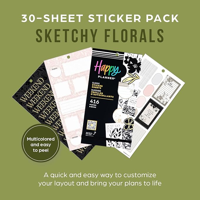 Happy Planner Sticker Pack for Calendars, Journals, and Planners, Easy-Peel Stickers and Scrapbook Accessories, Classic Size, Sketchy Florals, 30 Sheets, 416 Total Stickers