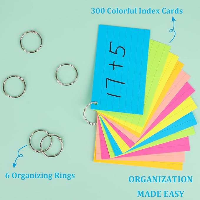 Index Cards 3x5 Inches, 300 Pcs Assorted Neon Color Ruled Index Cards with Ring,Heavy Note Cards, Lined Colored Index Flashcards,Study Cards,Memo Scratch Pad for Home Office School