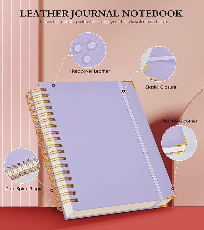 Spiral Notebook Journal 5.75” x 8.38”, 300 Pages Hardcover Leather Lined Journals for Women Men, A5 Small College Ruled Notebooks with 100 GSM Thick Paper, Spiral Journal for Writing Work, Purple