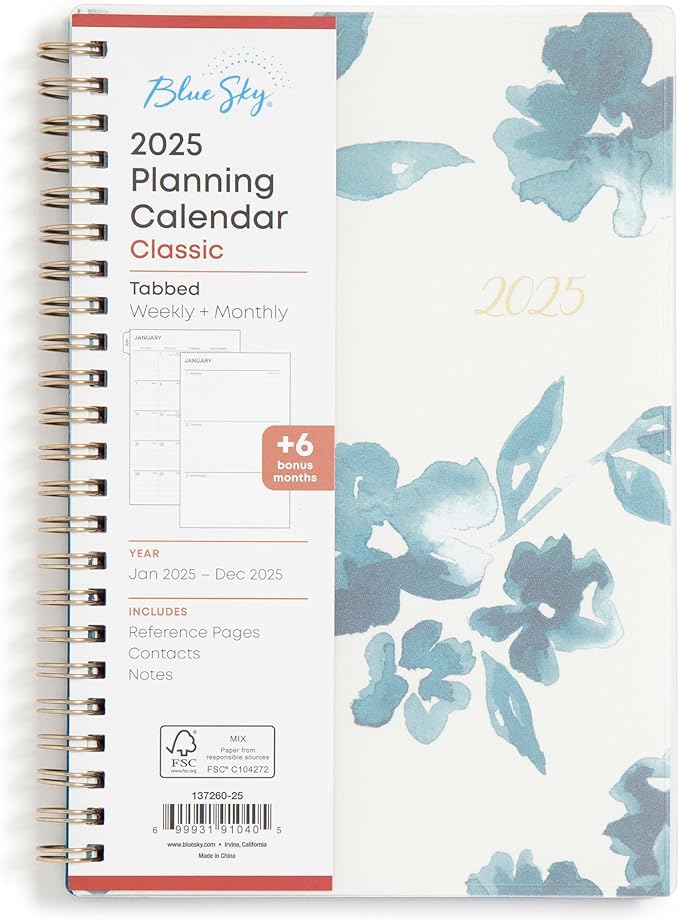 Blue Sky Weekly and Monthly Planner Calendar, Flexible Frosted Cover, Laminated Tabs, Wirebound, Storage Pocket, Bakah Blue (Bakah Blue- 2025, 5" x 8")