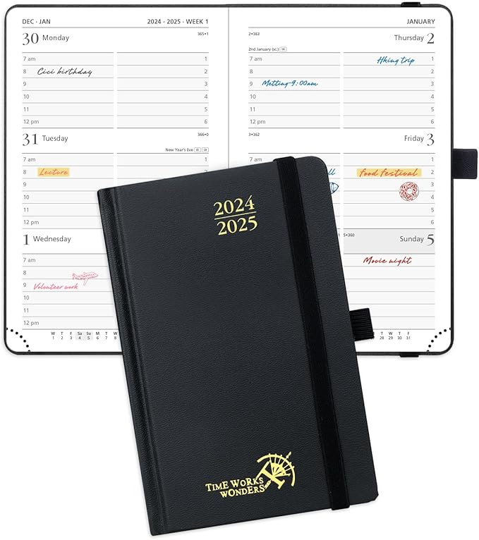 POPRUN Pocket Planner 2024-2025, [Pocket 4''x 6.25'' Hard Cover] Academic Year Calendar Daily Weekly and Monthly (July 24-June 25) with Hourly Time Slots, 100 GSM Paper - Black