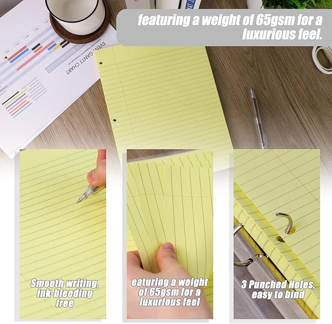 HIBOX 100 Sheets Ruled Loose Leaf Paper, 8" x 10.5" Yellow Lined Filler Paper Binder Refills Paper 3 Holes Punch for Notebook Binder Planner School Office