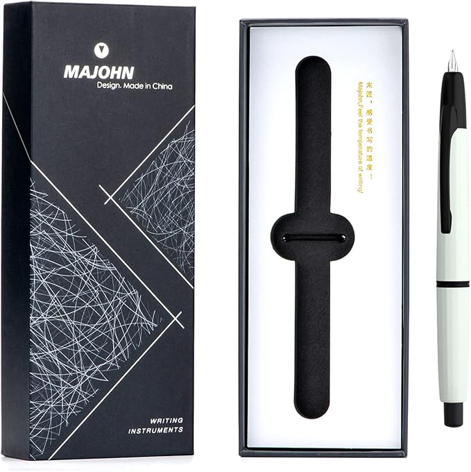 Majohn A2 Press Fountain Pen Extra Fine Nib with Box, Retractable White Resin Ink Pen with Converter Writing Set (Black Clip Version）