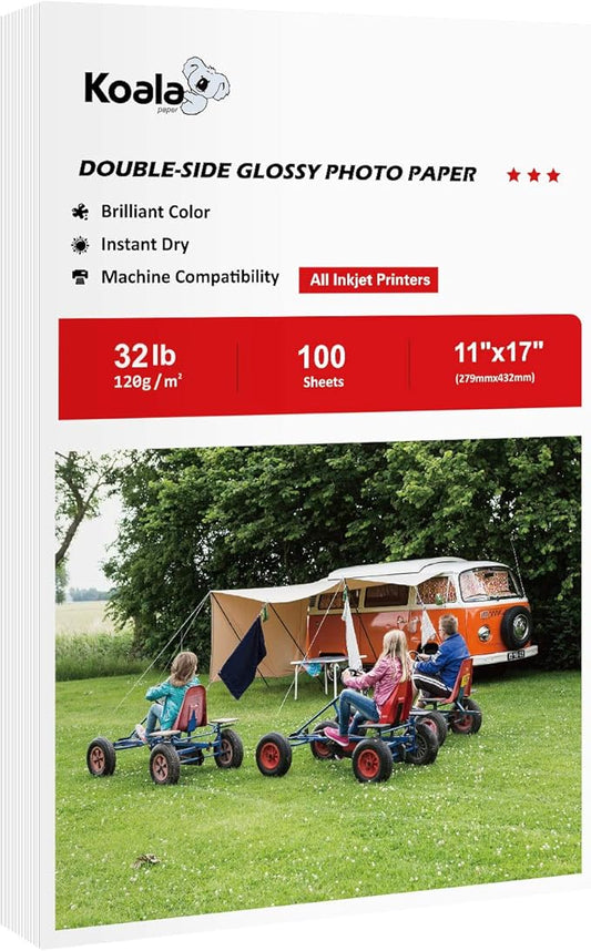 Koala Double Side Thin Glossy Photo Paper 11x17 Inches 120gsm 100 Sheets Compatible with Inkjet Printer and Dye Ink 32LB