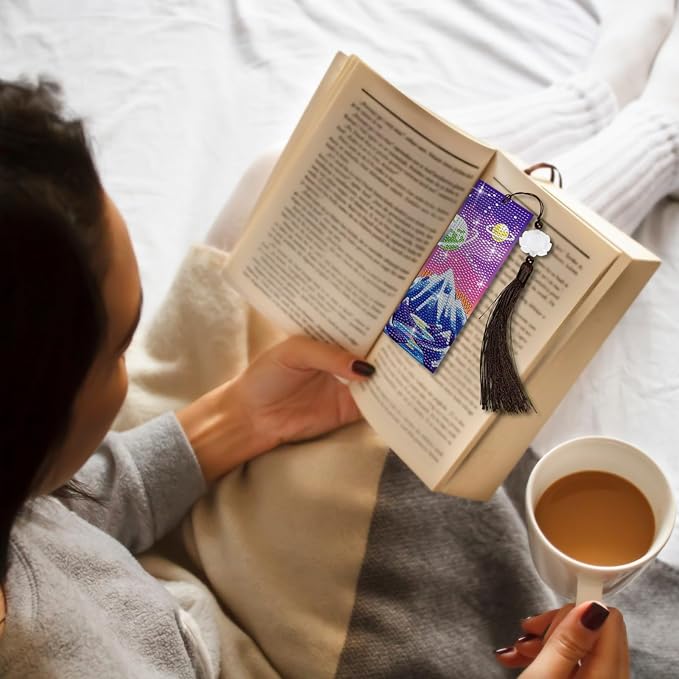 Anseal 3 Pcs 5D Diamond Bookmarks Painting for Adults, Starry Night PU Leather Diamond Art Kits for Adults, Tassel Beaded Book Mark for Graduation Birthday Reading Present