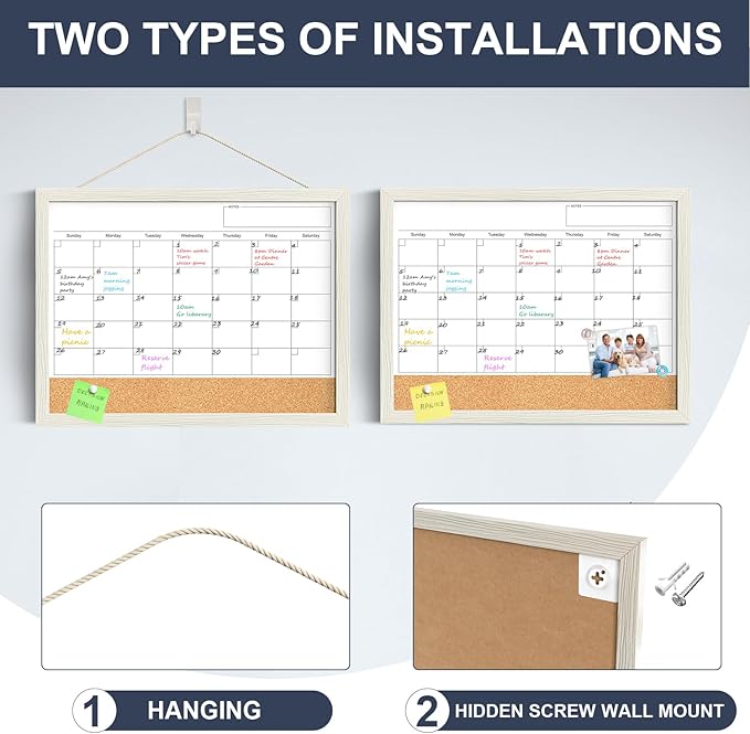 Calendar Whiteboard for Wall, TANKEE 17"x13" Whiteboard Calendar Cork Board Combo, Small Magnetic White Board with Wood Framed, Hanging Dry Erase Board for Kitchen Home Office School Planner