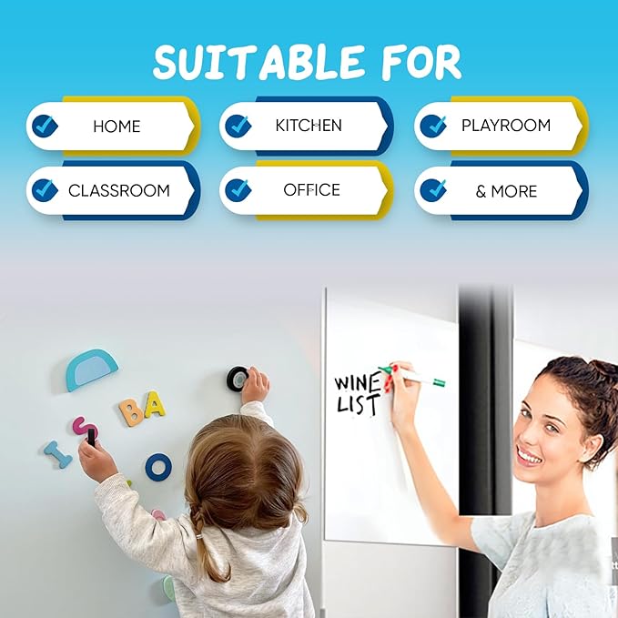 White Board Sticker 40" x 18”, Adhesive Magnetic Dry Erase Board for Wall, Peel and Stick Whiteboard Wallpaper with 8 Colors Marker for Kids Office Home