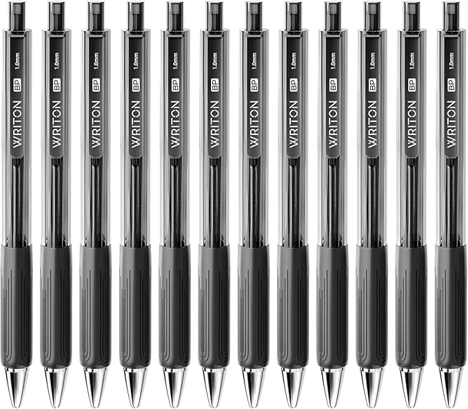 Writon Retractable Ballpoint Pens, Triangle Grip and Barrel, 1.0mm Medium Point, Black Ink, 12 Pack