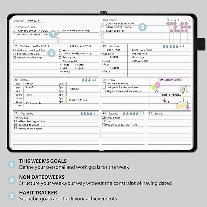 Undated Weekly and Monthly Planner, Cofullsky Weekly To Do List Planner Notebook with Unique Lettering Ribbon A5 Size Personalized Present Suitable for Women Men Teachers Kids (Letter X)