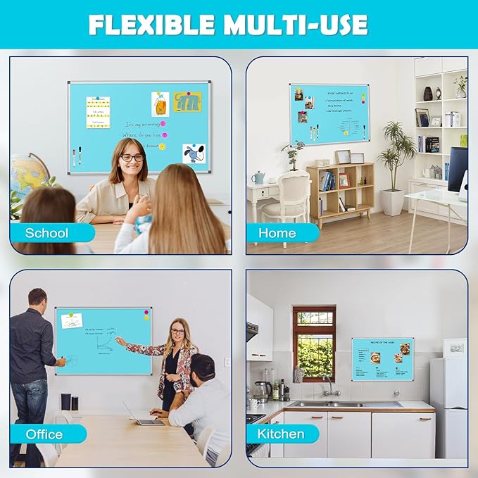 WALGLASS Magnetic Whiteboard 36"x24" Dry Erase White Board for Walls with Pen Tray, Aluminium Frame and Dry-Wipe Writing Surface for Kids' Drawing, Home, and Office (Blue)