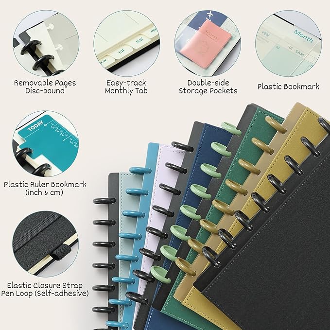 BEZEND Life Planner 2025 Weekly & Monthly Family Organizer with 6 Columns 7" x 9" - Agenda 2025 Family Calendar with Tabs, Pocket & Tear-off Shopping List, Disc Bound Flexible Cover - Mustard