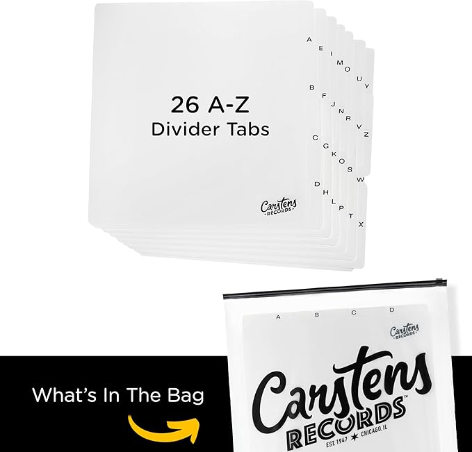 Heavy Duty Vinyl Record Dividers A-Z| 12" LP Record Dividers with Tabs | Pack of 26 Record Alphabet Dividers | White | Made in The USA | Vinyl Record Organizer Tabs for Side Browsing