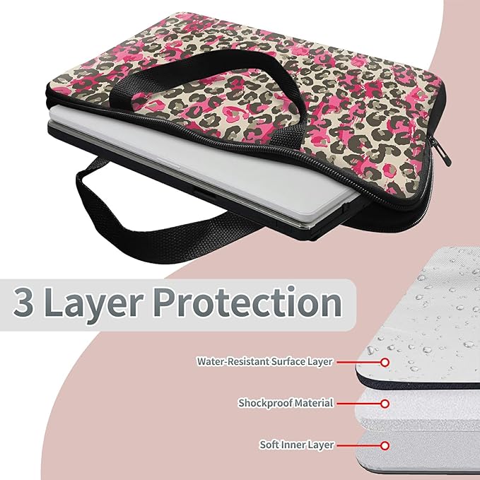 Laptop Sleeve Case Bag 15 inch, Pink Leopard Slim Carrying Case Durable Handbag Travel Laptop Bag for 15 inch MacBook Air M3/M2/15 Pro/Surface Laptop 7/6/5/4/3/ Dell XPS 15 Plus
