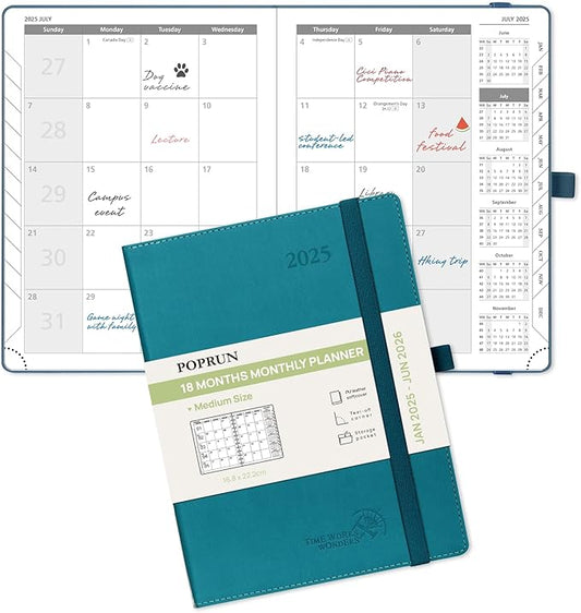 POPRUN Monthly Planner 2025-2026 (Medium- 6.5'' x 8.5'' Soft Cover), 18-Month Calendar Book (January 2025-June 2026), Calendar Planner with Monthly Tabs & Pocket, 100 GSM Paper - Pacific Green