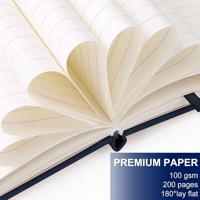 A5 Leather Journal Notebook with Pen, 200 Pages Hardcover Journal with Pocket, 100gsm Thick Lined Paper Daily Diary for Men and Women, Great Gift for Business School Travel Personal - Navy Blue