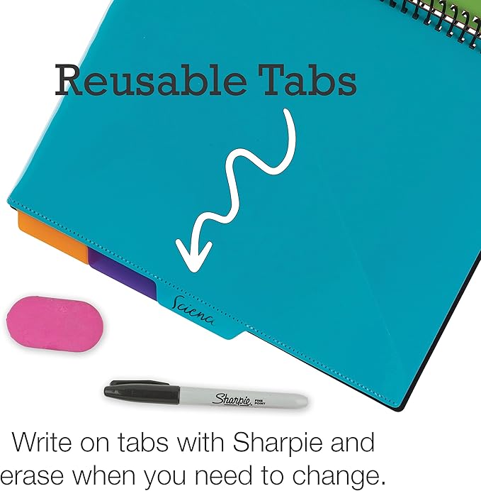 Samsill 10 Pocket Spiral Project Folder Organizer with 5 Dividers, Zipper Pouch, Customizable Front Cover, Erasable Write On Tabs in Fashion Colors, Plastic Folders with Pockets, 2 Pack