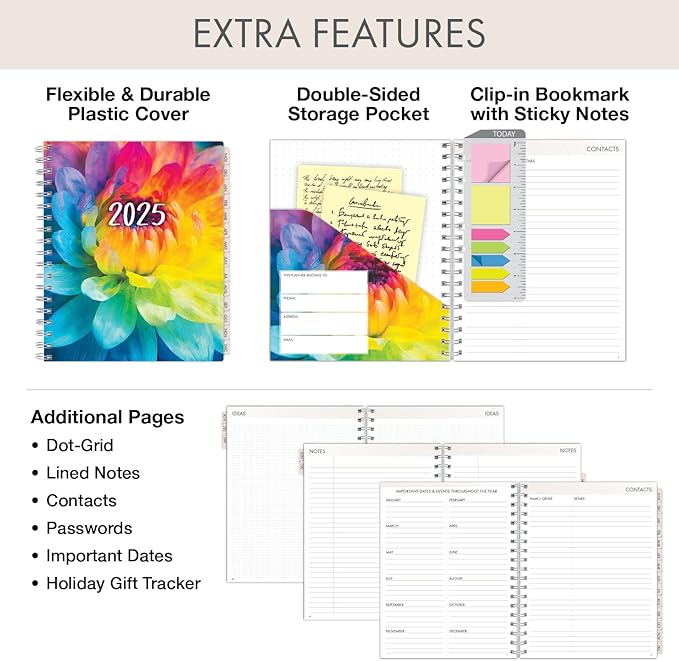 Essential PRO 2025 Daily, Weekly & Monthly Planner, 7"x9": 14 Months (Nov 2024 - Dec 2025) Monthly Tabs,Daily Tracking,Notes Pages,Storage Pocket,Bookmark w Sticky Notes (Rainbow Petals)