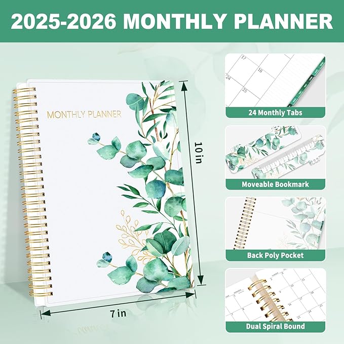 SUNEE 2-Year Monthly Planner 2025-2026 (Jan 2025 - Dec 2026) 7"x10" Monthly Spreads & Yearly Planner, Greenery