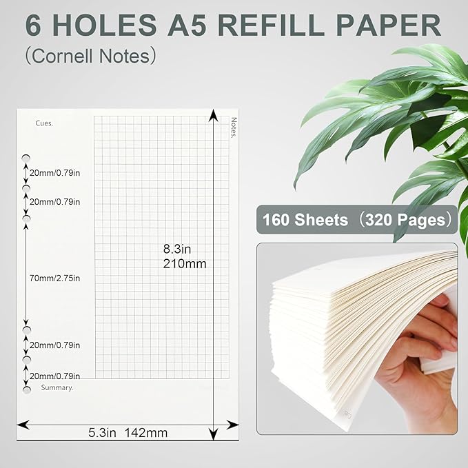 Toplive Cornell A5 Filler Paper, A5 Refill Paper 6 Ring Cornell Notes Loose Leaf Paper, 160 Sheets Refillable Inserts Paper Notes Taking System for Office School College Study