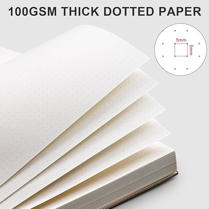 AHGXG Bullet Dotted Journal - 320 Pages Dot Grid Notebook B5 Large Journal, 100gsm Thick Dotted Paper, Leather Softcover, with Journal Stencils, Inner Pocket, 7.6'' X 10'' - Black