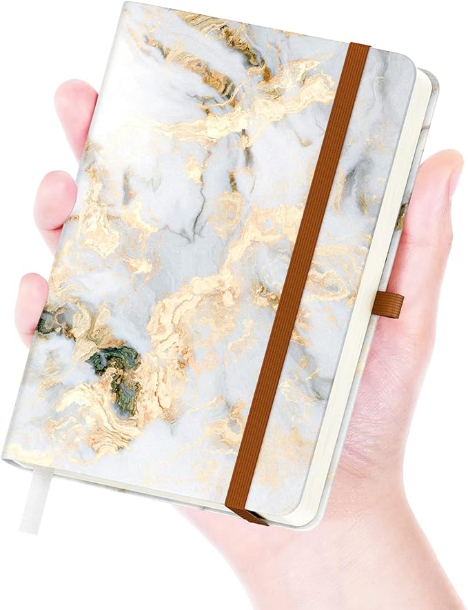 Small Notebook, Mini Pocket Journal A6 5.7" x 3.9", Leather Hardcover Journal with Pen Holder, 160 Thick Papers, Cute Lined Notebook Small Notepad for Women Writing Work Travel, White Marble