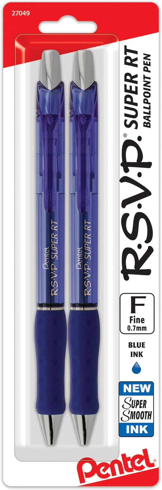 Pentel RSVP Super RT Ballpoint Pen, (0.7mm) Fine Line, Blue Ink, 2-Pk - BX477BP2C