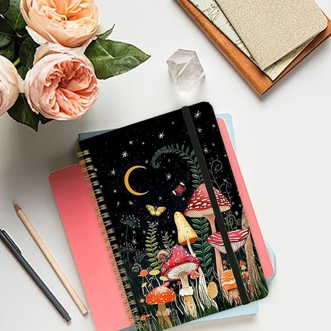 Spiral Notebook - A5 Spiral Notebooks, 8.3'' × 5.8'', 160 Pages, Aesthetic Journaling Notebooks for Women, College Lined Notebook with Elastic Closure, Back Pocket, for School Office, Mushroom House