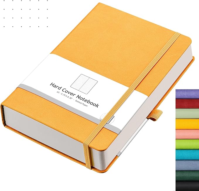 AHGXG Bullet Dotted Journal - 320 Numbered Pages Dot Grid Notebook A5 Thick Journal, 100gsm Thick Dotted Paper, Leather Hardcover,Inner Pocket, 5.75'' × 8.38'' - Yellow