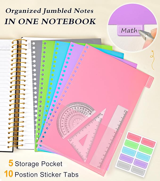 5 Subject Notebook College Ruled with Removable Pocket Dividers Tabs, 240 Pages Spiral Notebook 8.5 x 11, Lined Journal Notebook for Women , Hardcover Notebooks for Work School Note taking A4 Black