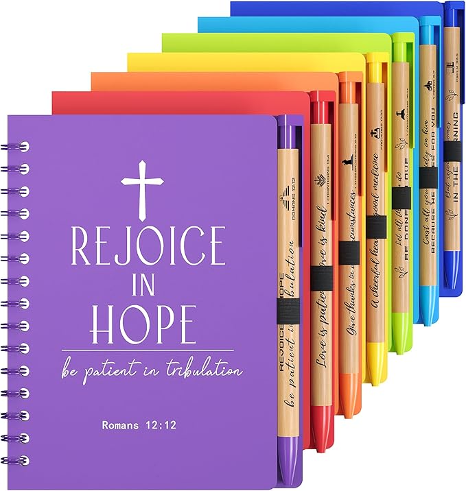 INSADA 7 Sets of Multicolored Christian Prayer Journals in Bulk small notepad 5.43” x 4.33” Spiral Notebooks with Matching Pens - Easter Gifts for Women kids,Church Members & Bible Study Groups