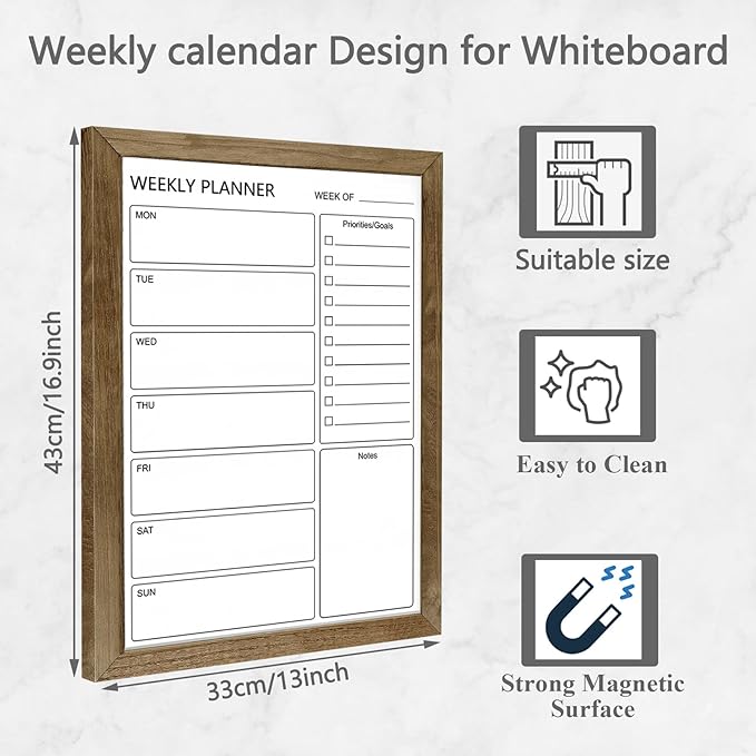Dry Erase White Board Weekly Calendar Board, Magnetic Whiteboard for Wall,13“x17 Solid Wood Rustic Brown Framed Message Board, Planner Board for Office, Home, School(Weekly-BB-RB-3343)