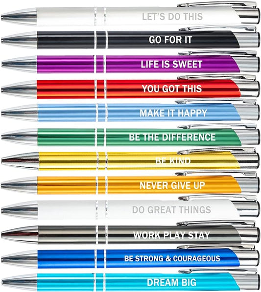 PASISIBICK 12 Pieces Inspirational Motivational Quote Ballpoint Pens Gifts Encouraging Metal Writing Pen for Students Coworkers Teacher Bosses, 12 Colors