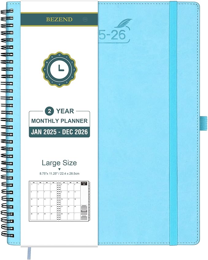 BEZEND Monthly Planner 2025-2026, Large Size, 2 Year Monthly Calendar 8.5" x 11" - 120 GSM Thick Paper - Spiral Planner with Pockets, Tabs, Calendar with Note Sections, Pen Loop, Softcover - Sky Blue