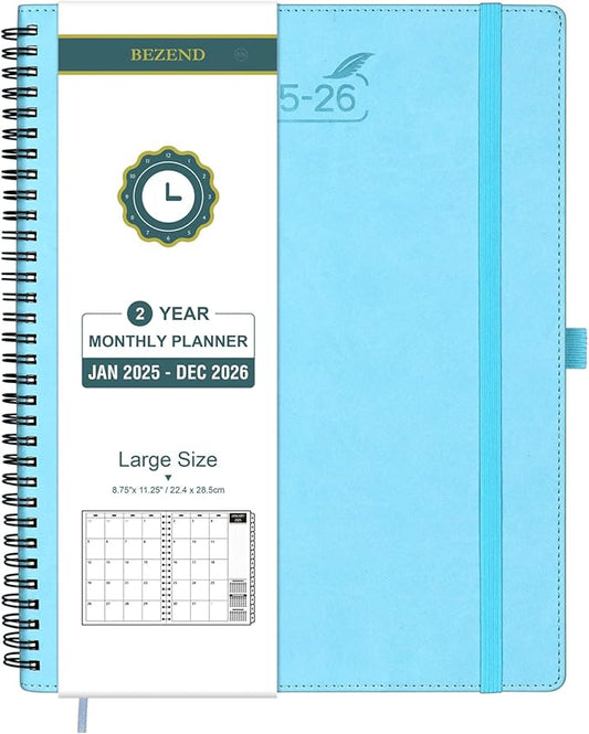 BEZEND Monthly Planner 2025-2026, Large Size, 2 Year Monthly Calendar 8.5" x 11" - 120 GSM Thick Paper - Spiral Planner with Pockets, Tabs, Calendar with Note Sections, Pen Loop, Softcover - Sky Blue