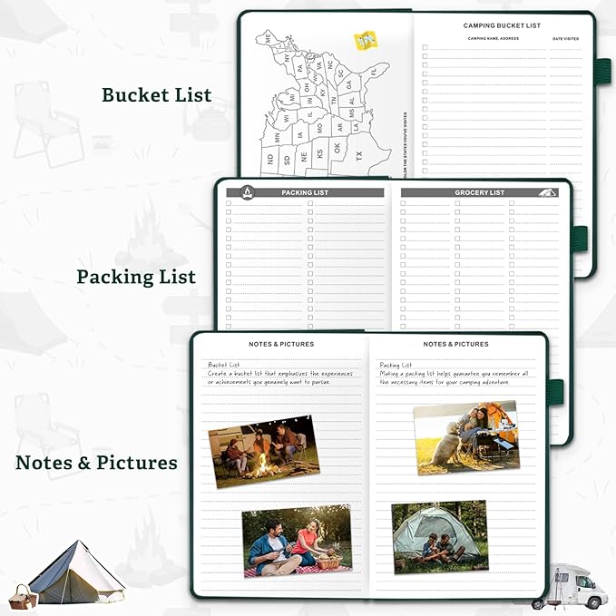 Camping Essentials: Camping Journal and RV Travel Log Book - A5 Adventure Book for Memories, Travel Journal for Men and Women, Family RV Travel Camping Logbook Accessories - Green