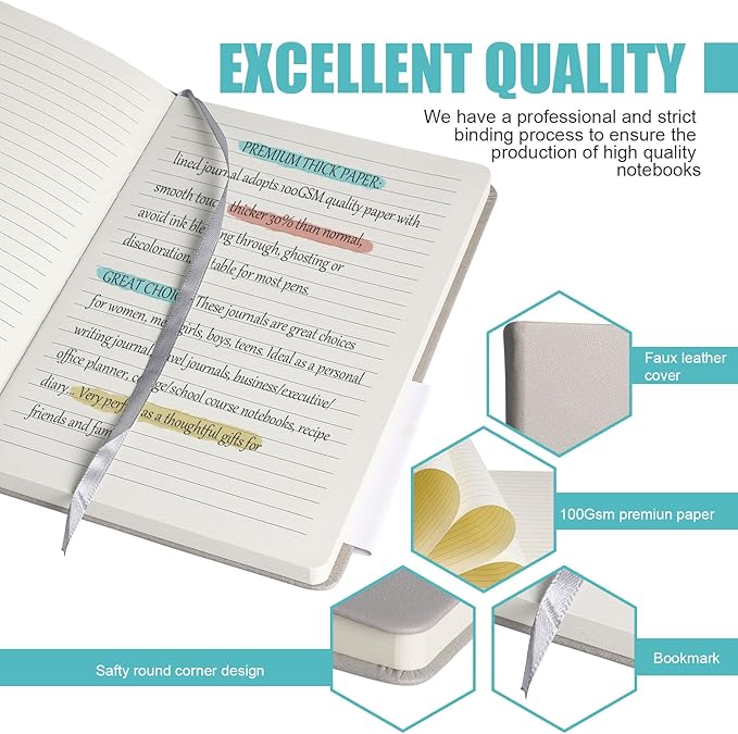 Lined Journal Notebook, 6Pack(Grey), 160 Pages, Medium 5.7 inches x 8 inches - 100 gsm Thick Paper, Hardcover