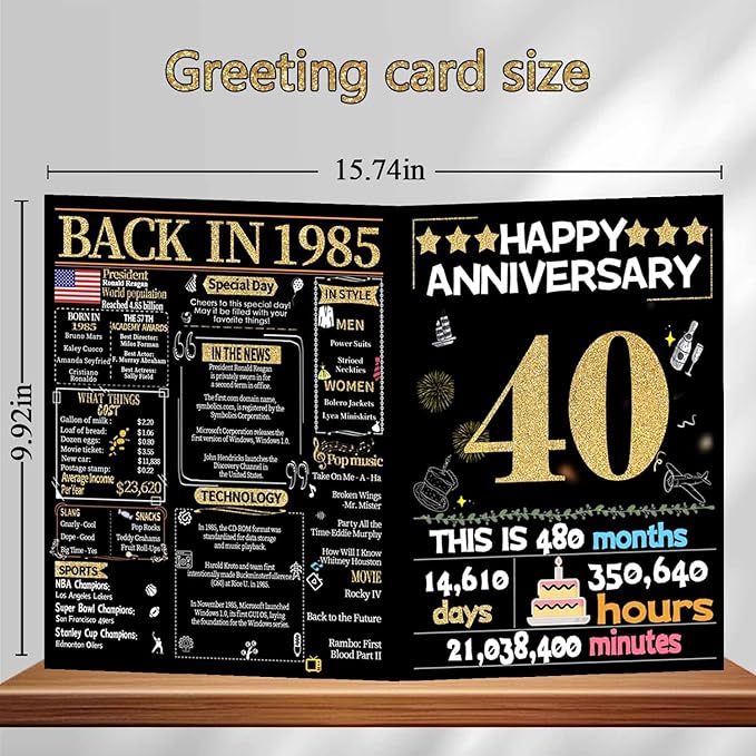 Joycard 40th Anniversary Card for Women Men, Gold Wedding Card for Wife Husband, Sweet Marriage Decorations Gifts for Couple, Perfect for Her Him on Anniversary Day, Ruby Wedding Card, Back in 1985