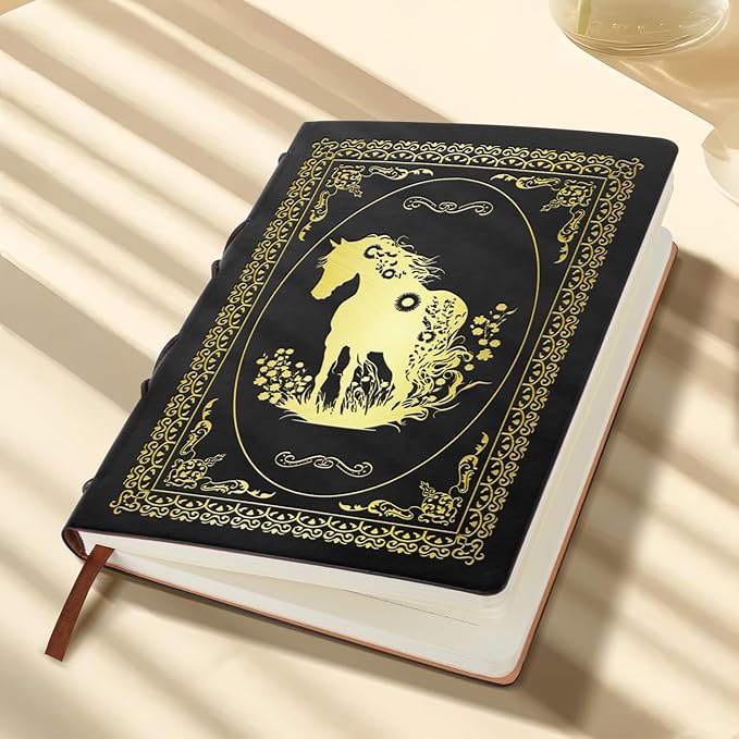 Black A5 Horse Gifts for Women Girls Faux Leather Vintage Notebook Inspirational Horse Trainer Gift Hardcover Executive Notebook,200 Pages 120 Gsm Thick Ruled Paper With Pen,Horse Lover Gifts Equestrian Gift (Horse Black)