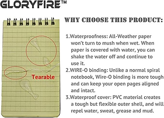 GLORYFIRE Waterproof Notebook All Weather Shower Pocket Tactical Notepad with Cover Steno Pad Memo Book