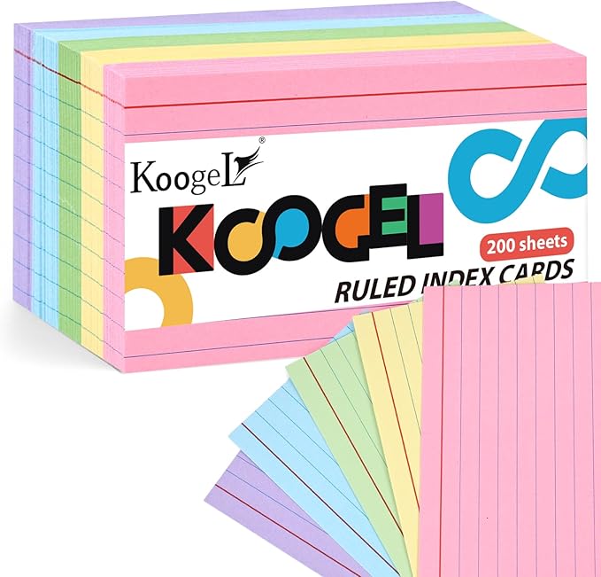 Koogel Index Cards 3 x 5 Inch, 200 Count, Ruled on both Sides, 5 Assorted Colors, Flash Cards for Studying School Supplies, Office