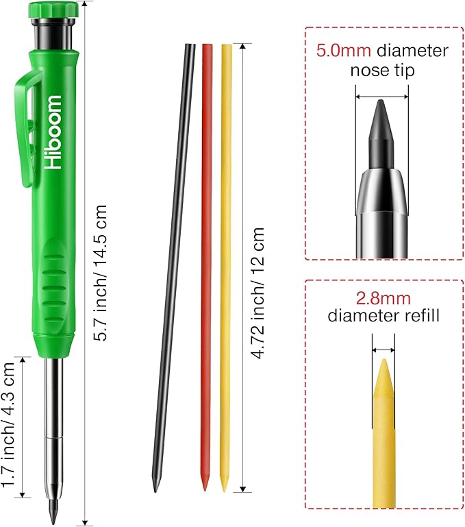 Hiboom 3 Pack Solid Carpenter Pencil with 21 Refill, Long Nosed Deep Hole Mechanical Pencil Marker with Built in Sharpener for Carpenter, Design Patent (Green, Red, Black Cover)